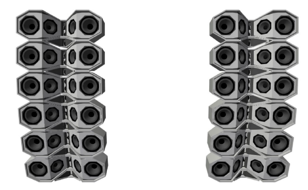 Two suspended line-array stacks in a Kannonaudio System 300 product render.